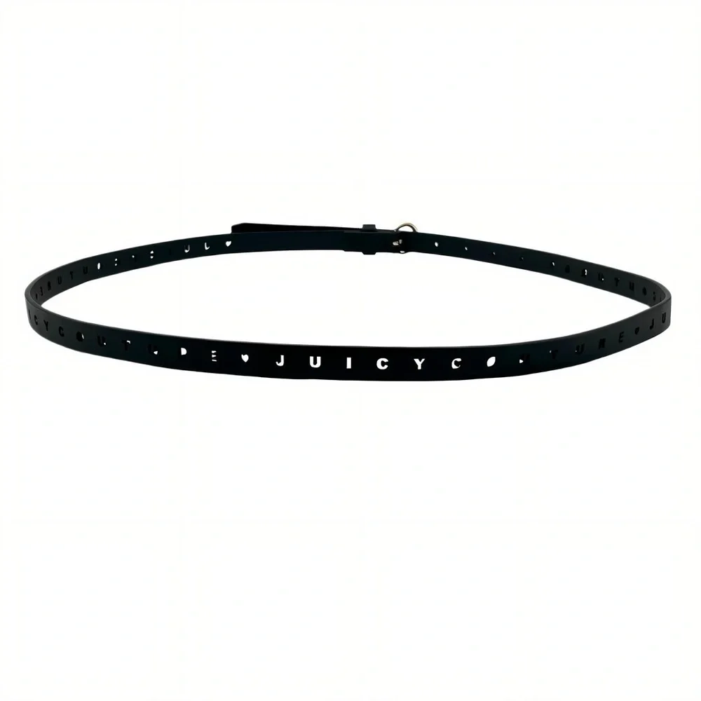 Vintage Juicy Couture Black Leather Skinny Belt Gold Buckle Cutout Logo XL Y2K